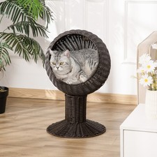 27" Rattan Wicker Elevated Cat House Kitty Scratch House Pet Bed W/ Cushion