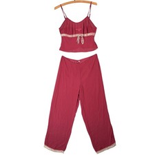 Conjunto de pijama vintage Victoria's Secret rojo borgoña Babydoll cami ribete de encaje M Y2K