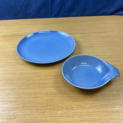 Vintage Russel Wright Oneida Modern Blue 7  Lug Soup Bowl & 11 1/2  Round Plate