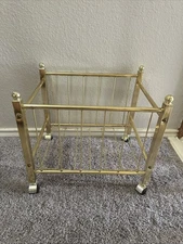 Vintage Mid Century Modern Brass Metal Rolling Magazine Rack, Album Holder MCM