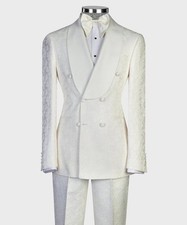 Jovari  Ivory Jacquard Double-Breasted Tuxedo with Satin Shawl Lapels