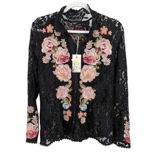 Johnny Was Veronne Lace Embroidered Black Button Up Blouse Shirt Boho Chic Small