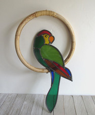 Vintage Stained Glass Sun Catcher Parrot on Perch Bird/Tiki/Tropical Bar