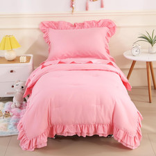 Toddler Bedding Set for Girls 4 Piece Ruffle Boho Tufted Fringe Pink Toddler Bed