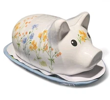 Old East Main Kitchen Modern Country Cottage Rustic Floral Pig Butter Dish Blue