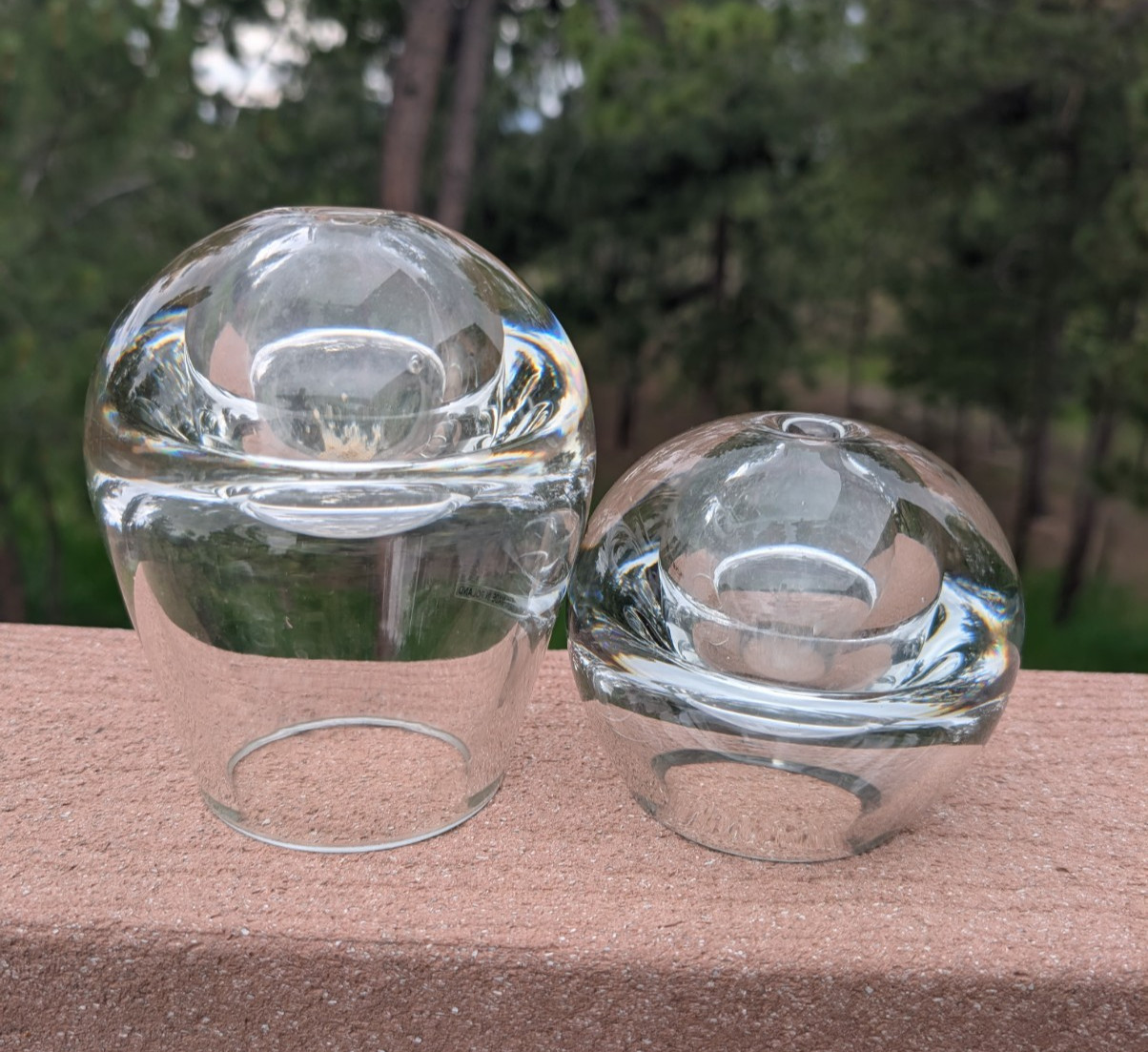 Vintage Poland Studio Art Glass Heavy Round Clear Oil Lamps Bud vase Set of 2