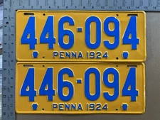 1924 Pennsylvania license plate pair 446 094 YOM DMV brilliant BLUE 15267