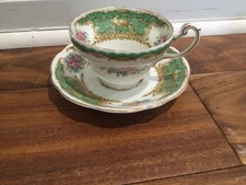 EB Foley Bone China Tea Cup & Saucer Deer  floral Green Made in  England 1920's