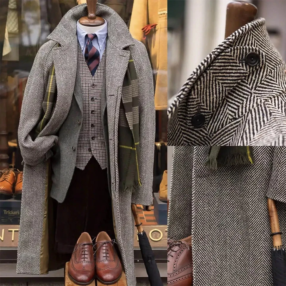 Herren Winter Herringbone Langer Mantel Warm Dicke Business Office Overcoat - Bild 1 von 4