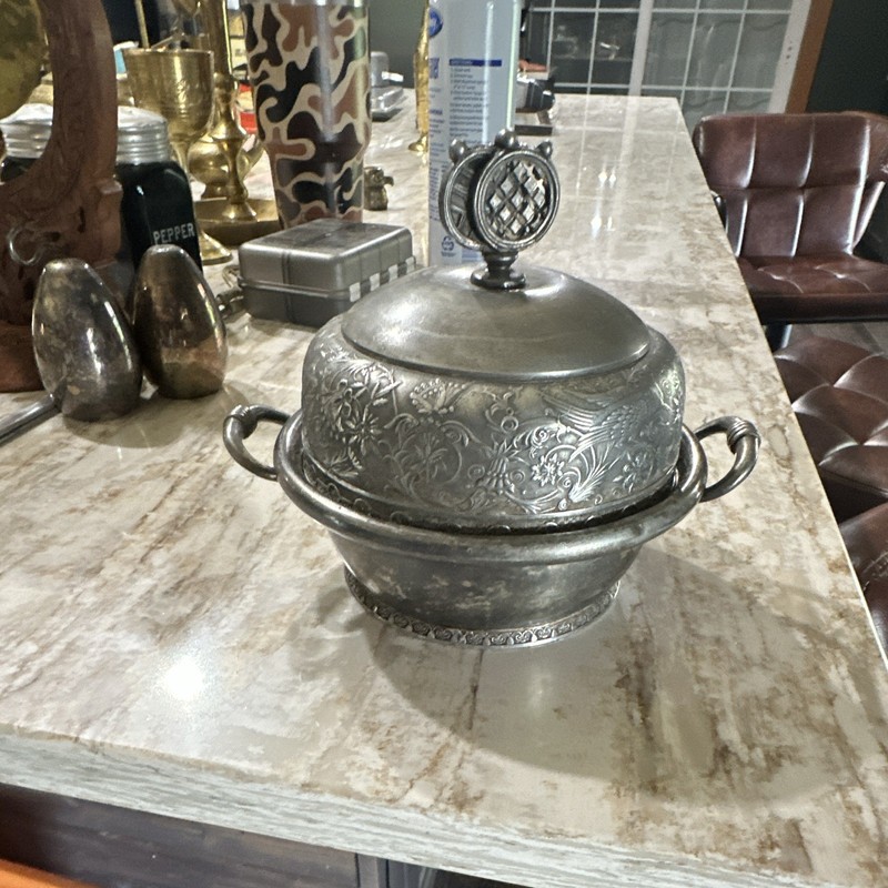 Silverplate Covered Two-Handle Serving Bowl w/ Insert, Etched Floral, 1652