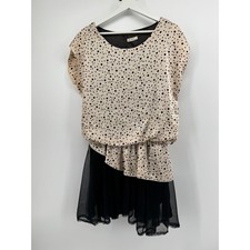 85-87 Fashion Polka Dot Asymmetrical Ruffle Mesh Lace Hem Mini Dress Cream Black