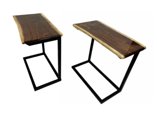 Live-edge walnut c-tables. Epoxy finished wood and steel base. Sold as pair.