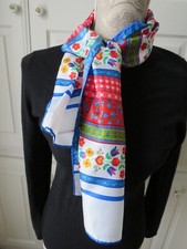 1980s Long Neck Scarf - Tulips Hearts Blue Roses Red Checks Scarf - Amish Theme