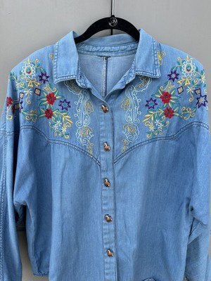 Vintage Button Up Shirt Womens Blue Chambray Pl Western 70s 