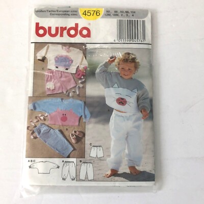 Burda Sewing Pattern Sweatshirt Pants Shorts Cat Pig Car 4576 Size 12M 4 UNCUT