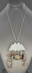 Fine Old Chinese Carved Jade Lotus Agate Bead Silver Charm Necklace Pendant