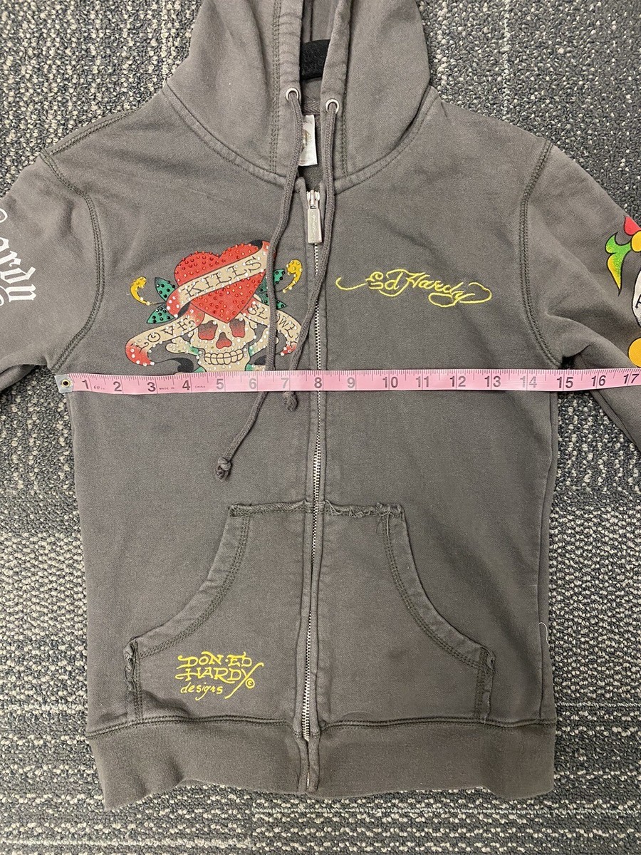 Vintage Ed Hardy Graphic Bling Zip Up Hoodie Y2K Women's
