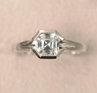 1.38Ct White Asscher Cut Moissanite Bezel Engagement 925 Sterling Silver Ring