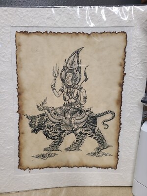 Thai Figure Riding A Tiger Artwork On Mache Backing 20x16