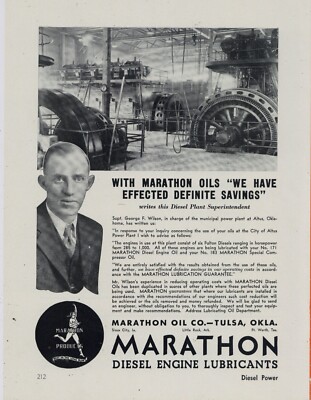 1935 Marathon Oil Co. Ad: Diesel Engine Lubricants - Altus, Oklahoma Power Plant
