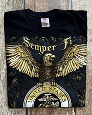 VINTAGE BAYSIDE MARINES SEMPER FI EAGLE T-SHIRT BLACK GOLD USA MADE MENS LARGE