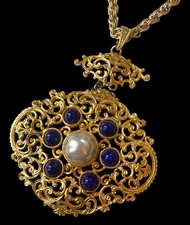 Vintage Lucien Piccard Necklace Statement Gold Plate Faux Pearl Lapis Ornate
