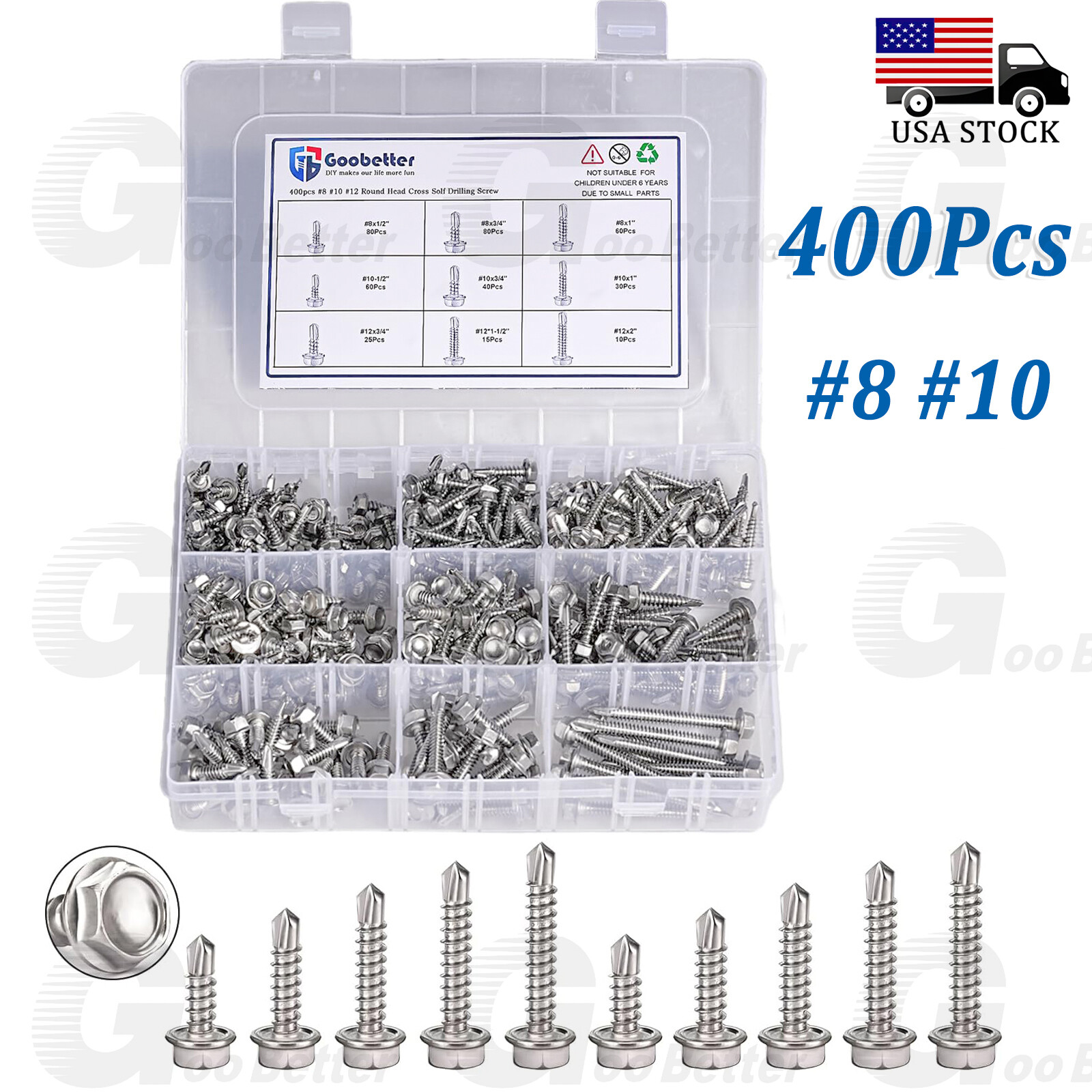 400pc #8 #10 Self Tapping Screws for Metal, Sheet Metal Screws 410 Stainle Steel