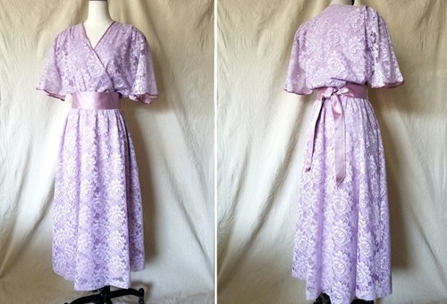 Halston, Abito vintage anni 80 Halston III lilla viola pizzo lunghezza tè corpetto finto avvolgente e fascia
