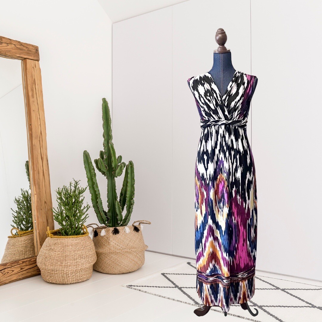 Chicos Women’s S Sleeveless Stretch V-Neck Maxi Dress Colorful Ikat  Print