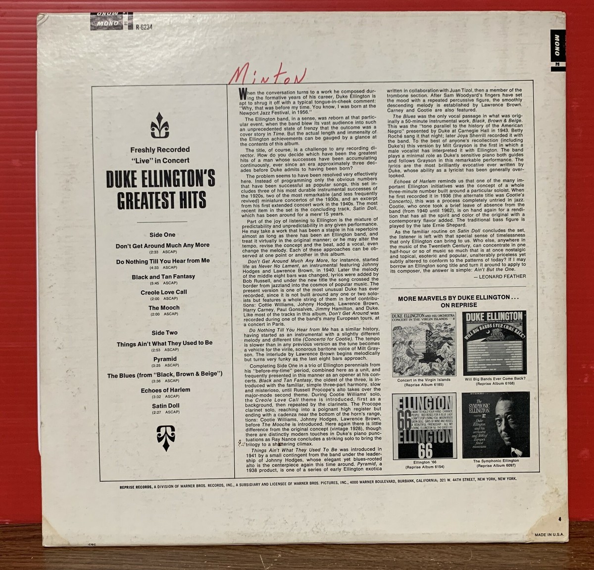 Vintage Duke Ellington 33 1/3 RPM 12