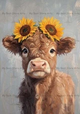 SUNFLOWER COW ART PRINT, Highland Calf Wall Decor, Farmhouse Country Poster F947