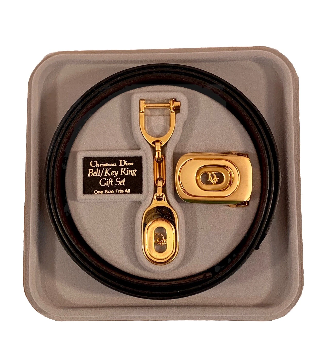 Coffret cadeau vintage CHRISTIAN DIOR unisexe ceinture noire et porte clé avec boucle ton or
