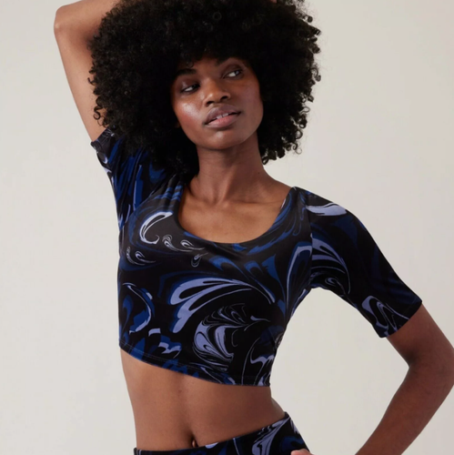 ATHLETA 70's Exhilarate VELVET Crop Top A-C PAISLEY Black & Blue Size SMALL $79 - Picture 3 of 5