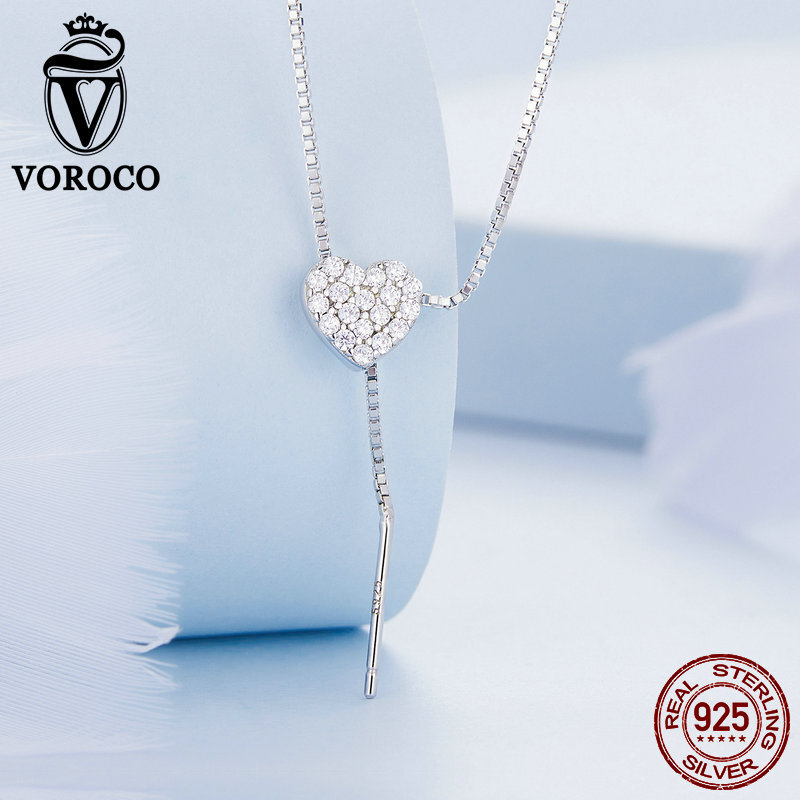 Voroco Real S925 Sterling Silver Love CZ Pendant Elegant Necklace