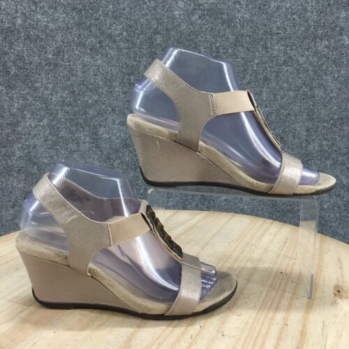 Anne Klein Sandals Womens 7 M Lyma Open Toe Wedge Slingback Grey Faux Leather