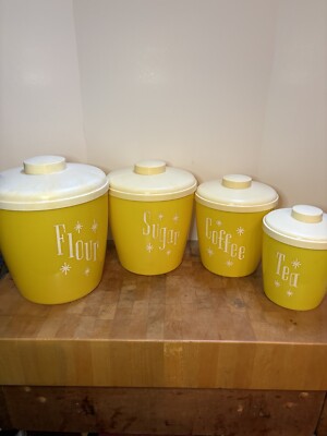 Vintage Mid Century Cols Plastic Yellow Atomic Starburst 4 Pcs Canister Set*
