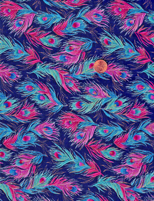 VTG HOFFMAN PEACOCK PRINT FABRIC Windsor Collection 42''W BTY Pink Blue Black