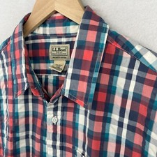 LL BEAN Shirt Mens L Seersucker Plaid Organic Cotton Camp Slightly Fitted Red