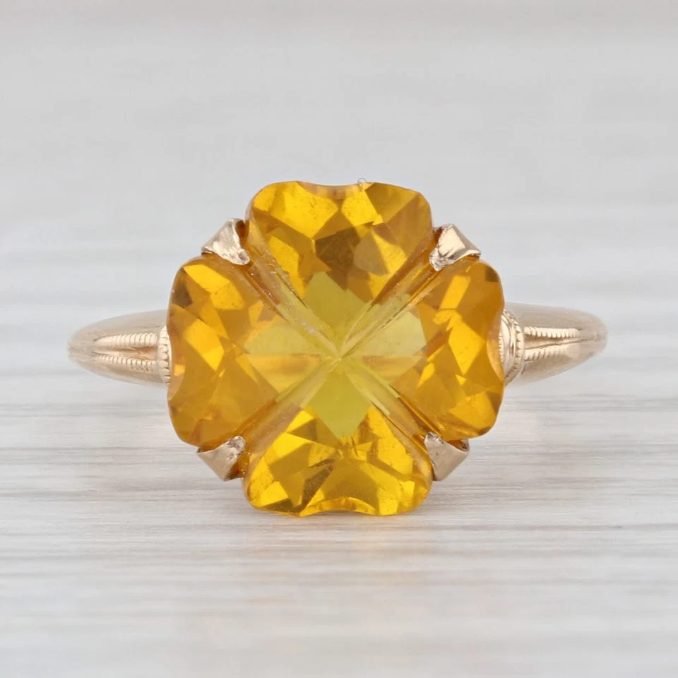 Lab Created Yellow Sapphire Shamrock Clover Flower Ring 10k Yellow Gold Size 5 - image 2 of 4