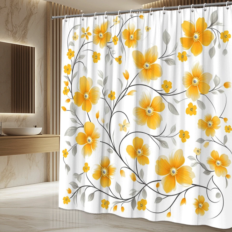 Cortina de Ducha Floral Amarilla Moderna Diseño Floreciente Alegre Primavera Foto 4 de 4
