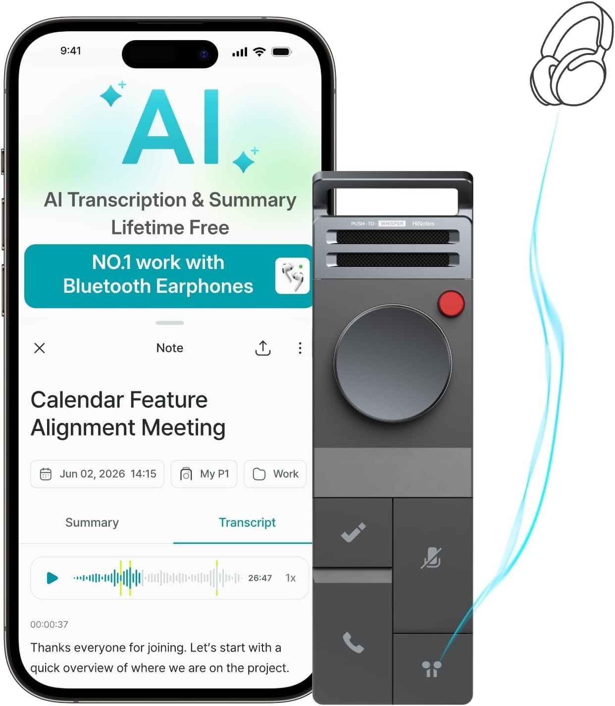 HiDock P1 AI Voice Recorder for Bluetooth Earphones with Free Transcription