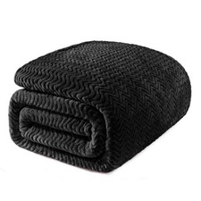 Black Queen Size Cozy Lightweight Fuzzy Plush Wave Textured Blanket 90x90