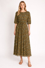 BALTIC BORN Floral Midi Dress Pleated Prairie Luxury Belted Multicolor SZ Large