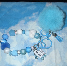 Blue Faux Fur Pom Pom Beaded Key Chain/Bag Charm w/Tassel Detachable Clip