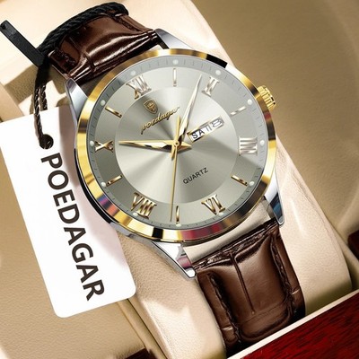 POEDAGAR Luxus Herren Armbanduhr Wasserdicht Leuchtend Datum Woche Leder Uhr UK