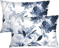 Florals Throw Pillow Cover Queen Size Set of 2 Navy Watercolor Flowers Pillowcas