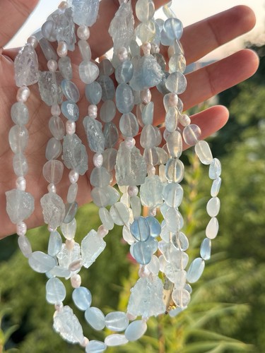 Kette natürlicher Aquamarin Rohstein mit echten Perlen - Bild 11 von 14