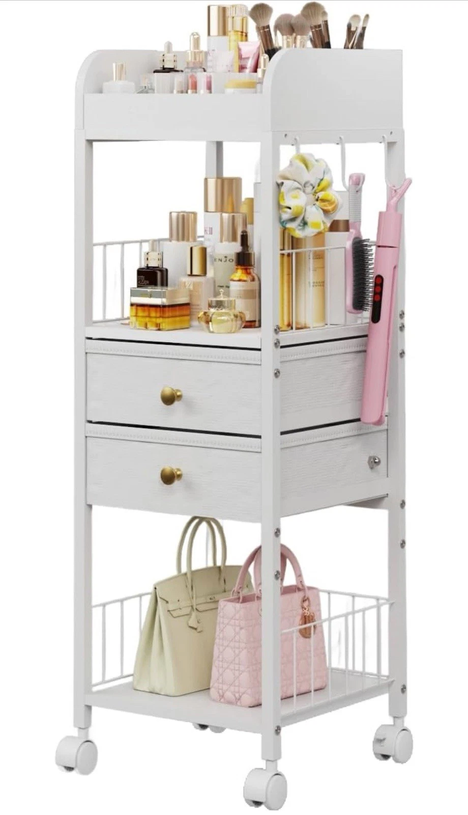 Storage Organizer with Lockable Wheels & 8 Dividers, 2-Drawer Rolling Skincare