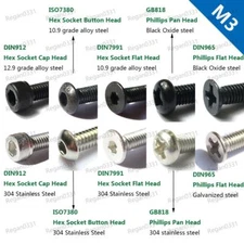 50/100pc M3 Hex Socket Cap head Button head Flat head Pan head Metric Screw Bolt