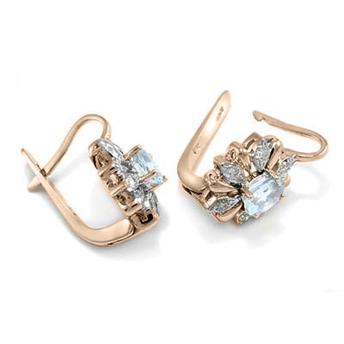 14k Rose & White Gold Diamond & Aquamarine American Style Earrings $1299.00 - Picture 3 of 4